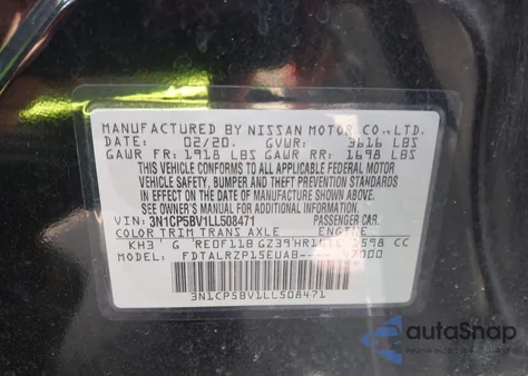 2020 Nissan Kicks S Xtronic Cvt z USA, uszkodzony, nr VIN 3N1CP5BV1LL508471